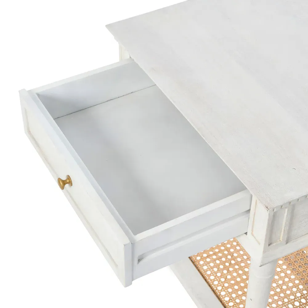 Talia Woven Cane Side Table - White, Acacia Wood