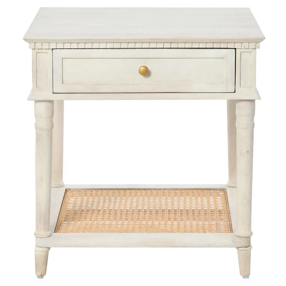 Talia Woven Cane Side Table - White, Acacia Wood