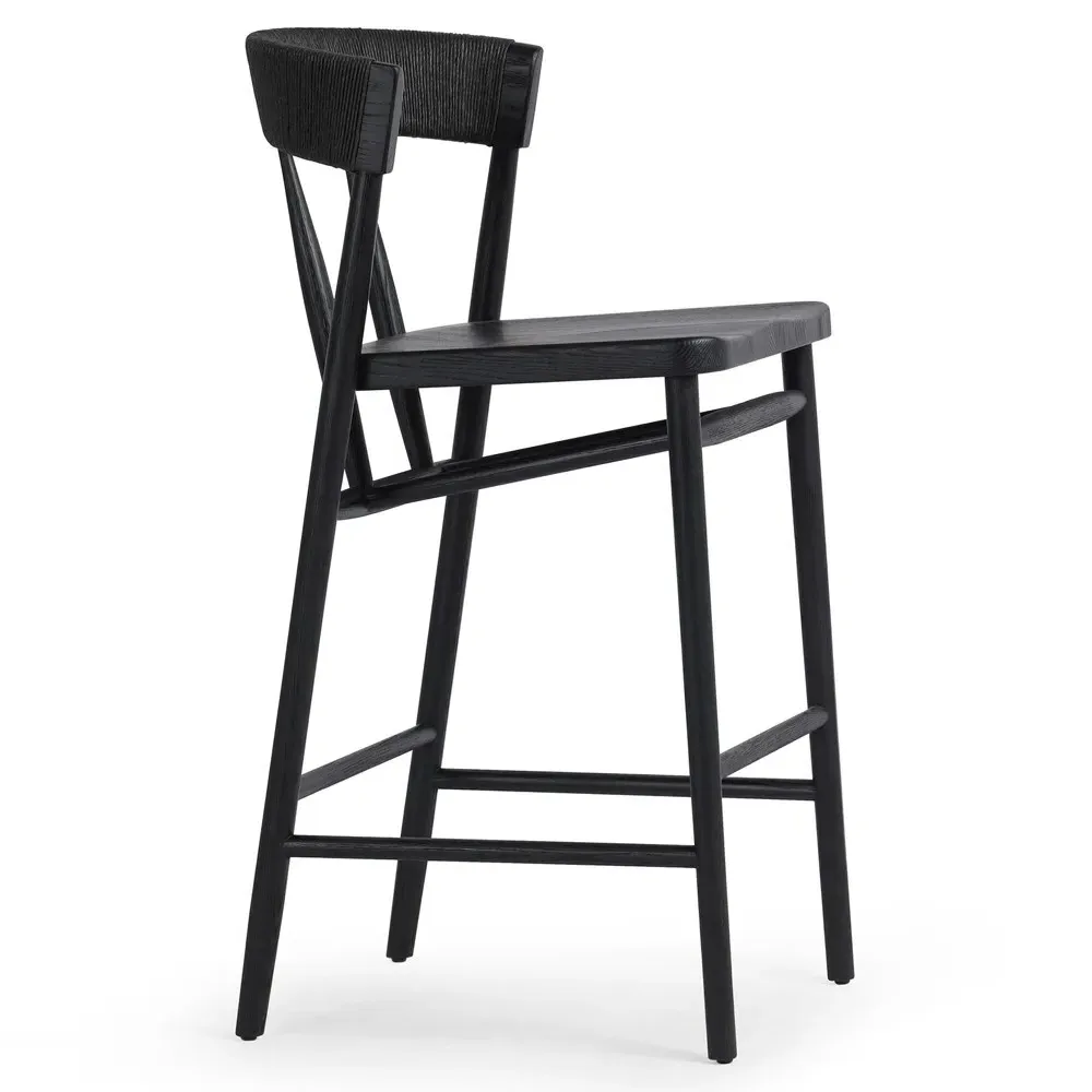 Tanner Woven Bar Stool - Black, Oak Wood