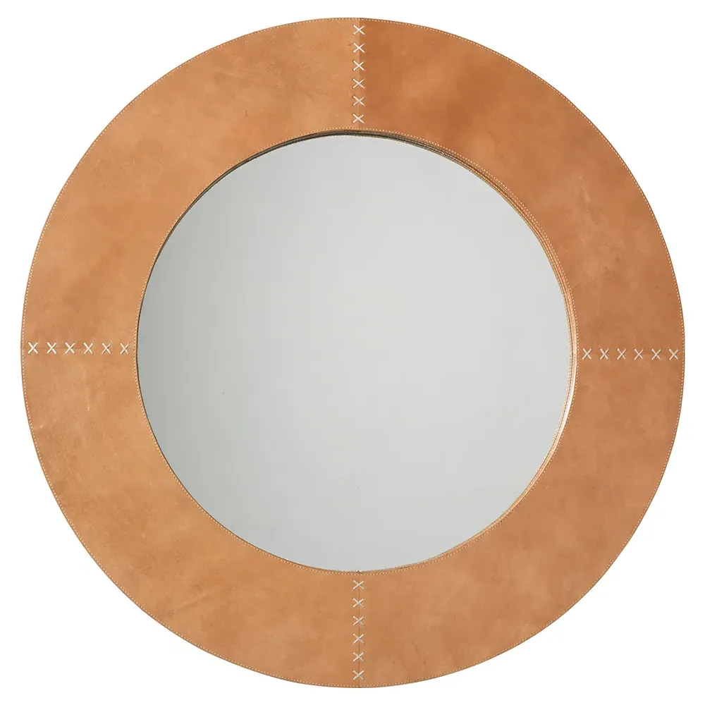 Tessa Round Wall Mirror - Brown, Leather image