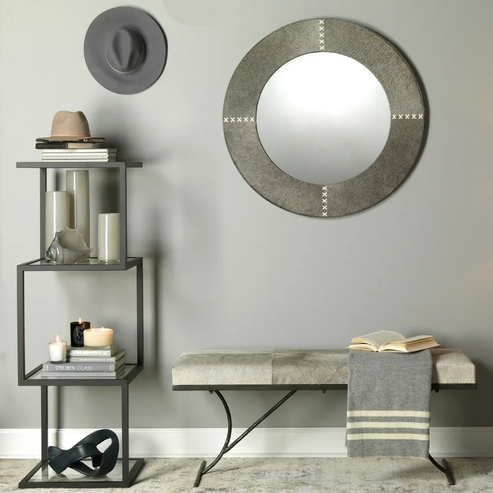 Tessa Round Wall Mirror - Grey, Hide