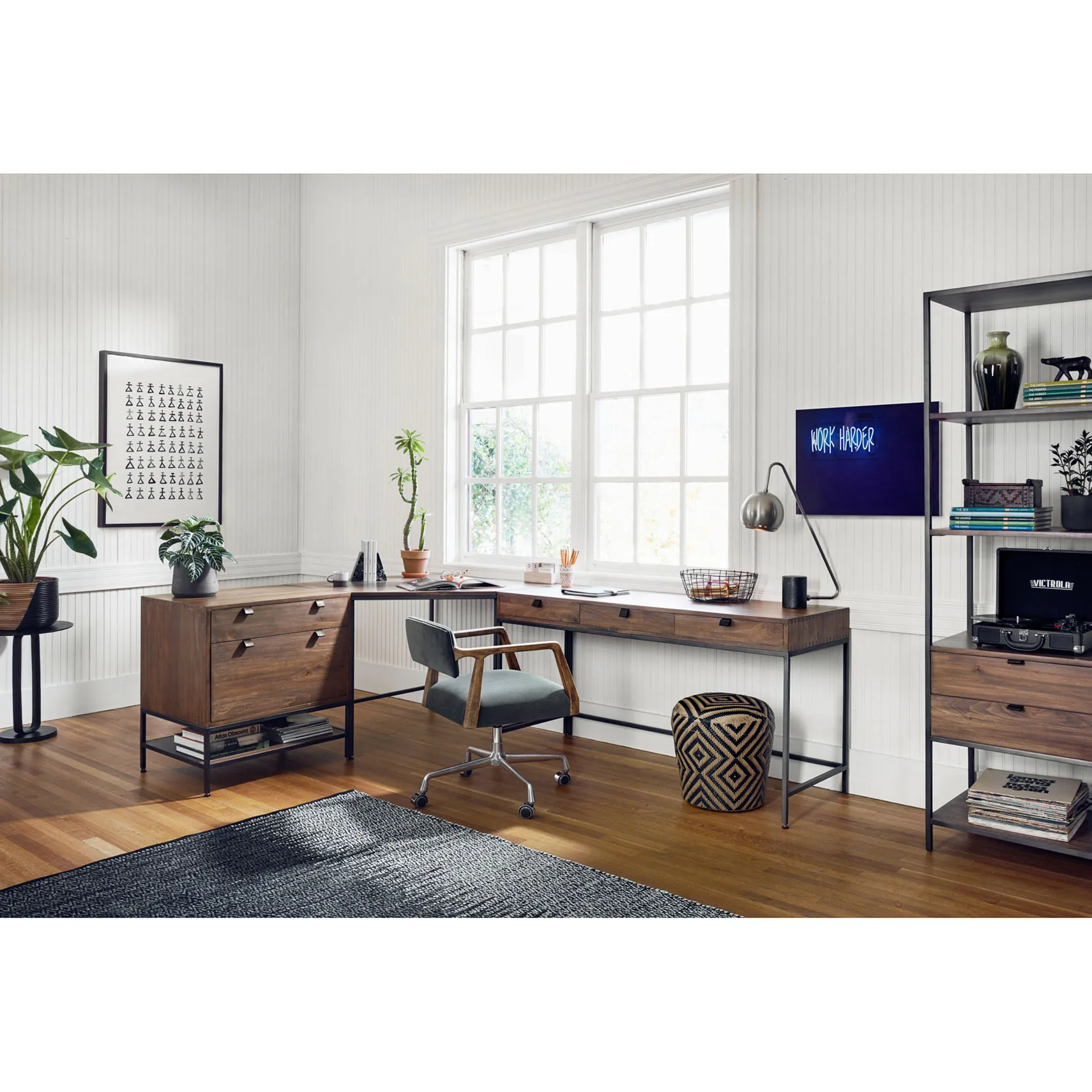 Theodore 3-Drawer Office Desk with Leather Pulls - Brown, Poplar