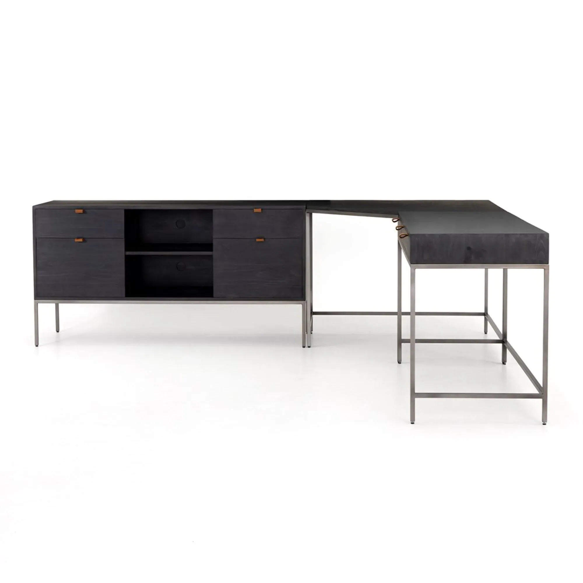 Theodore Corner Desk Set with Storage - Black, Wood