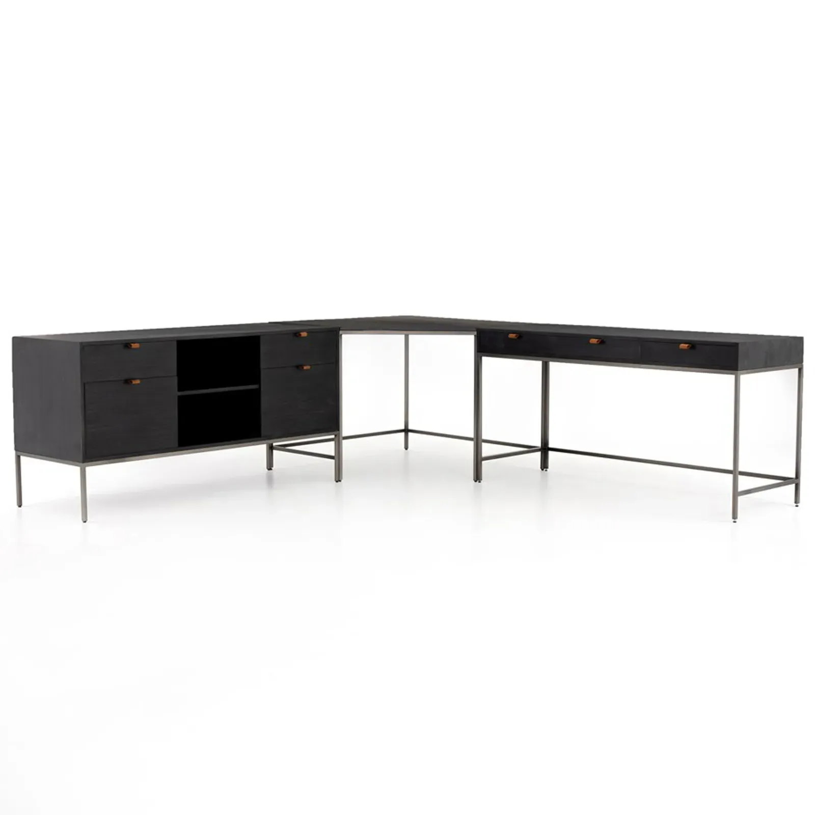 Theodore Corner Desk Set with Storage - Black, Wood
