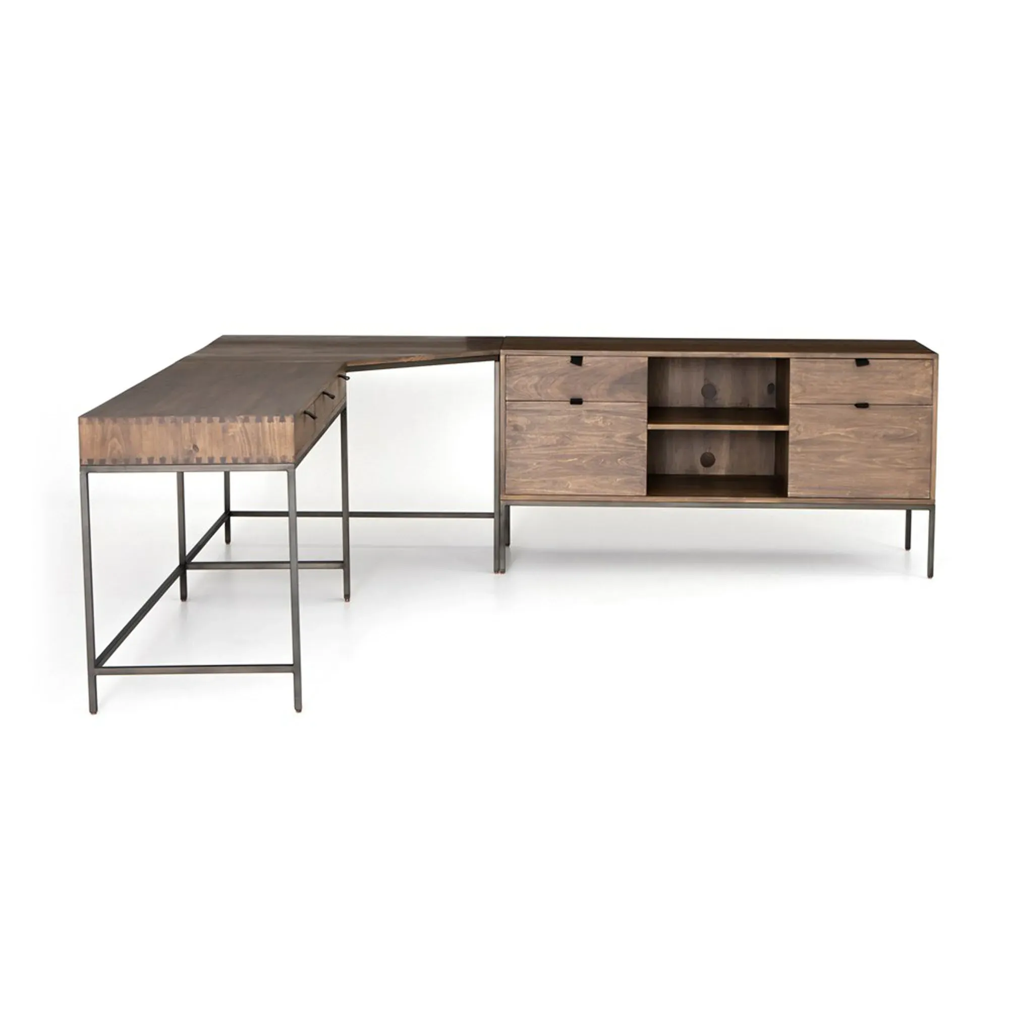 Theodore Corner Desk Set with Storage - Brown, Wood