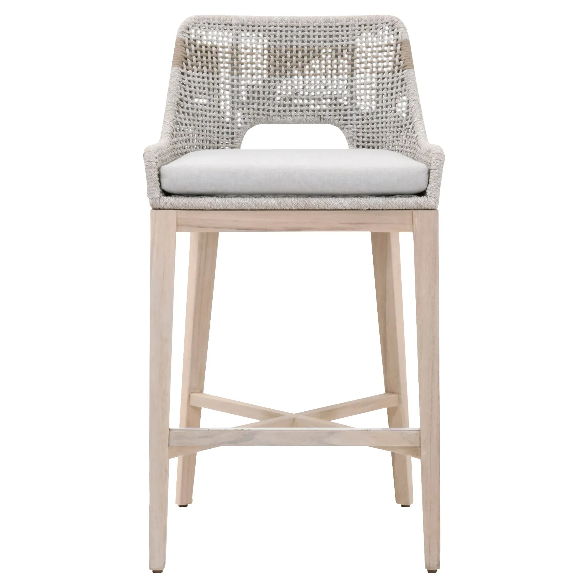 Theodore Woven Outdoor Bar Stool with Cushion - Taupe, Teak