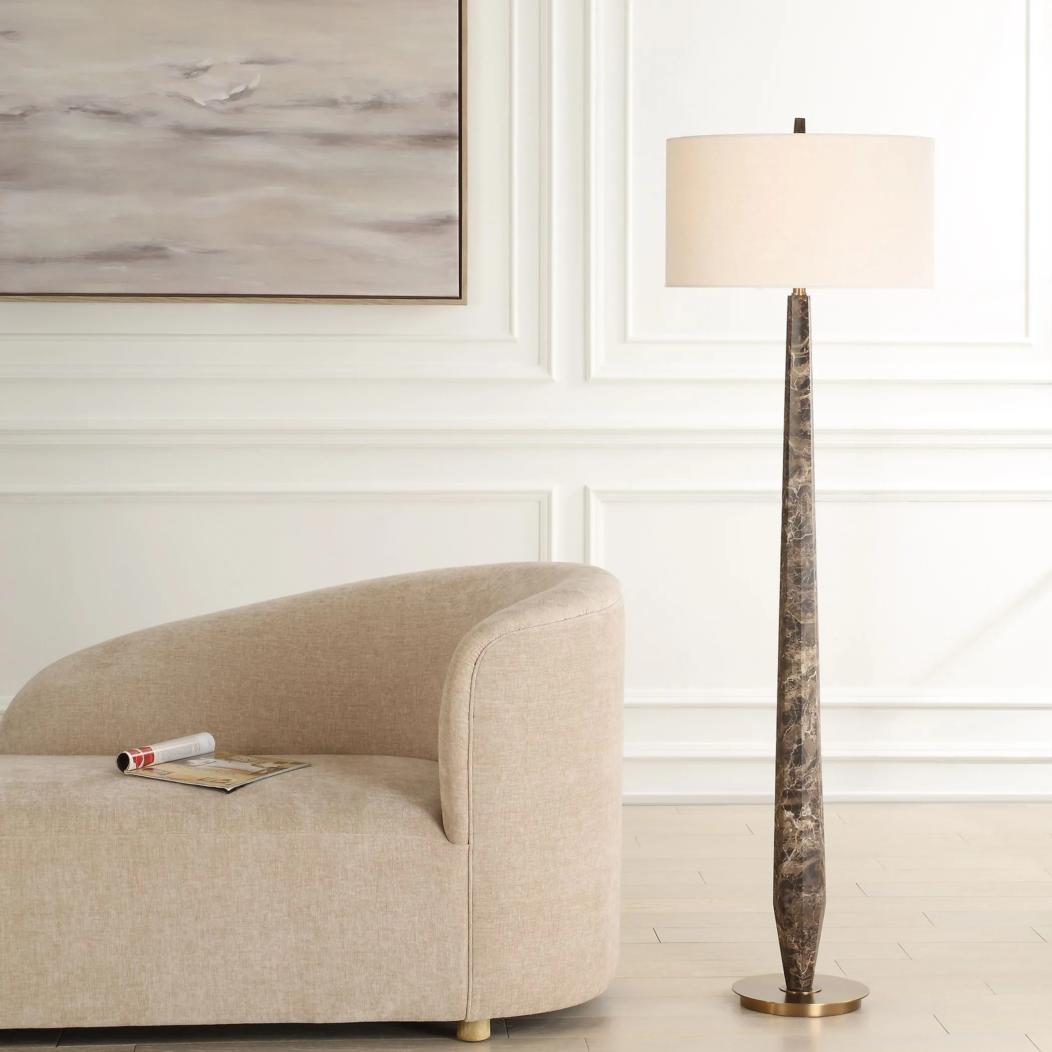 Therese Column Floor Lamp - Brown, Marble