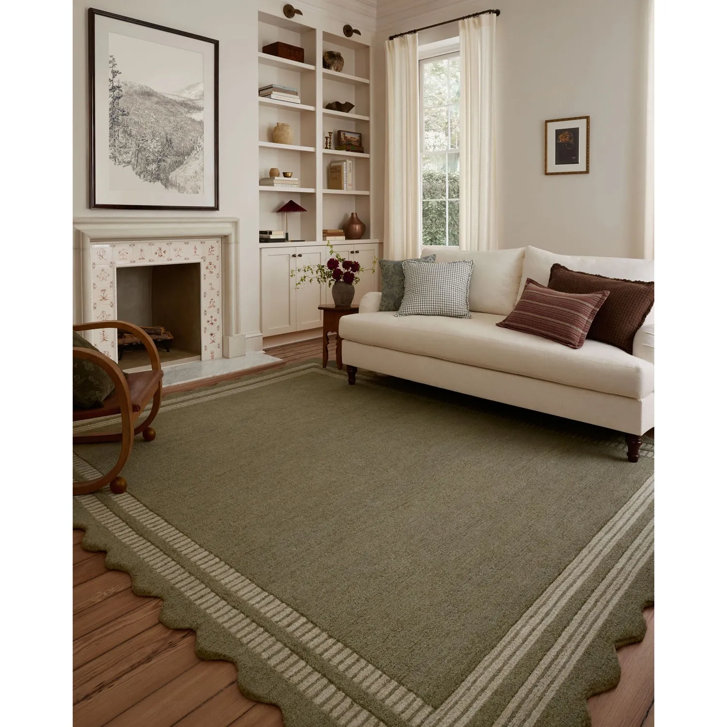 Thoren Scalloped Patterned Rug - Olive, Wool