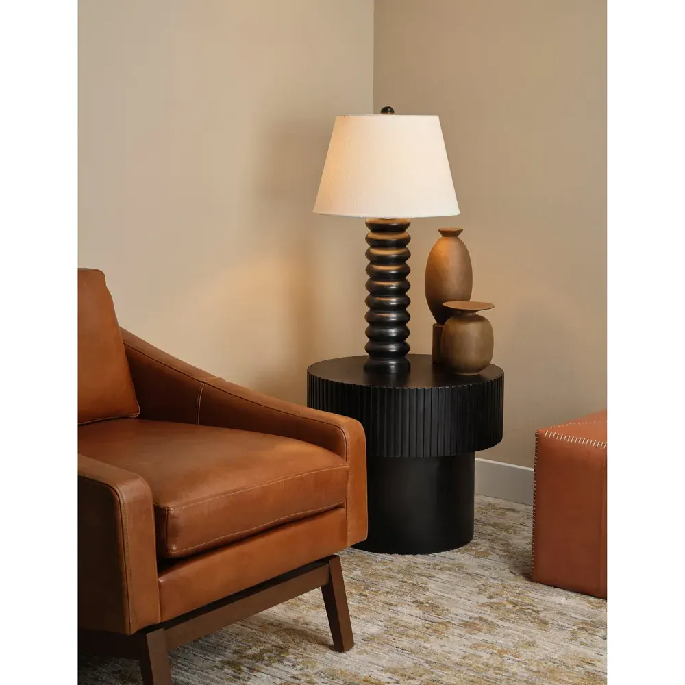 Trent Table Lamp with Linen Shade - Black, Mango Wood
