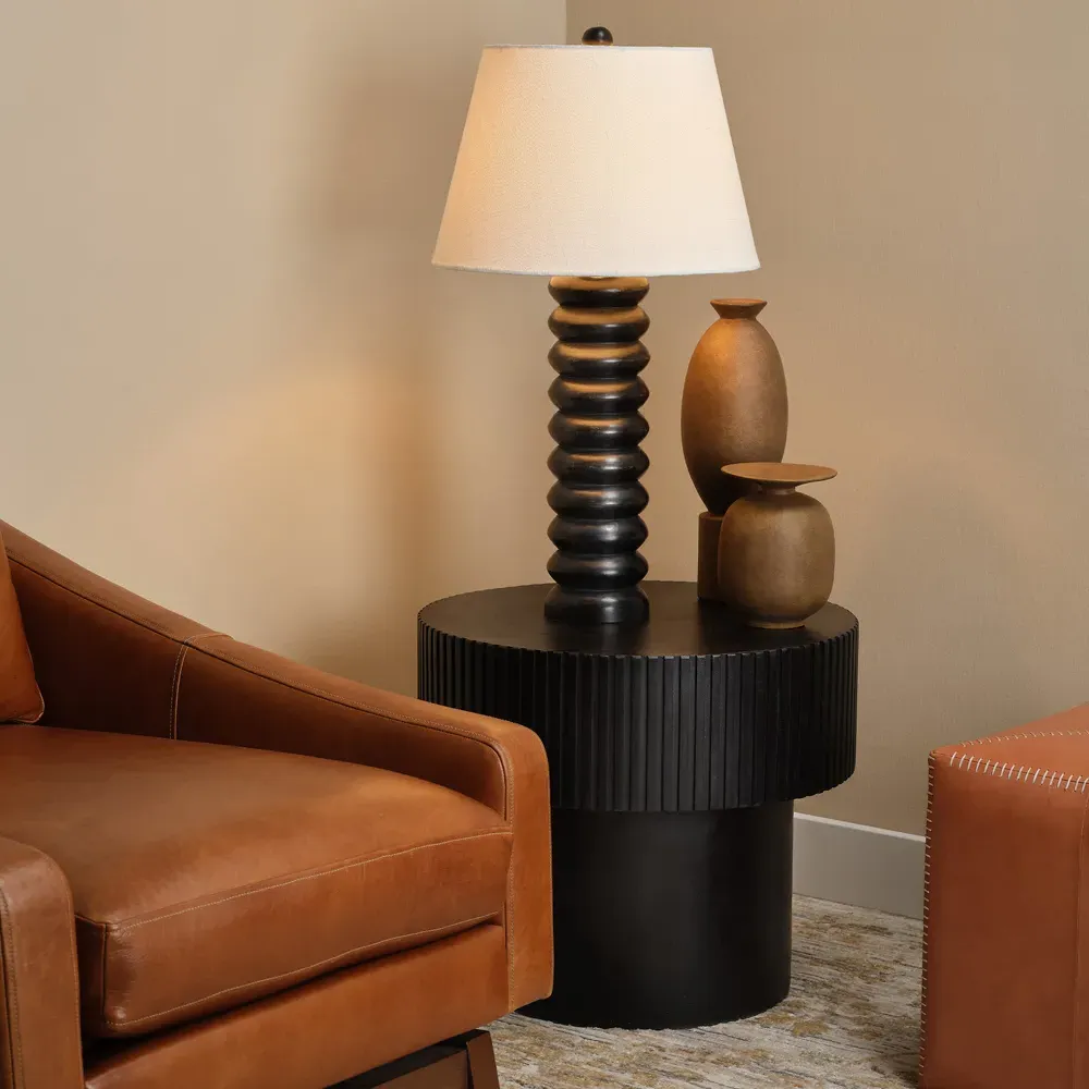 Trent Table Lamp with Linen Shade - Black, Mango Wood