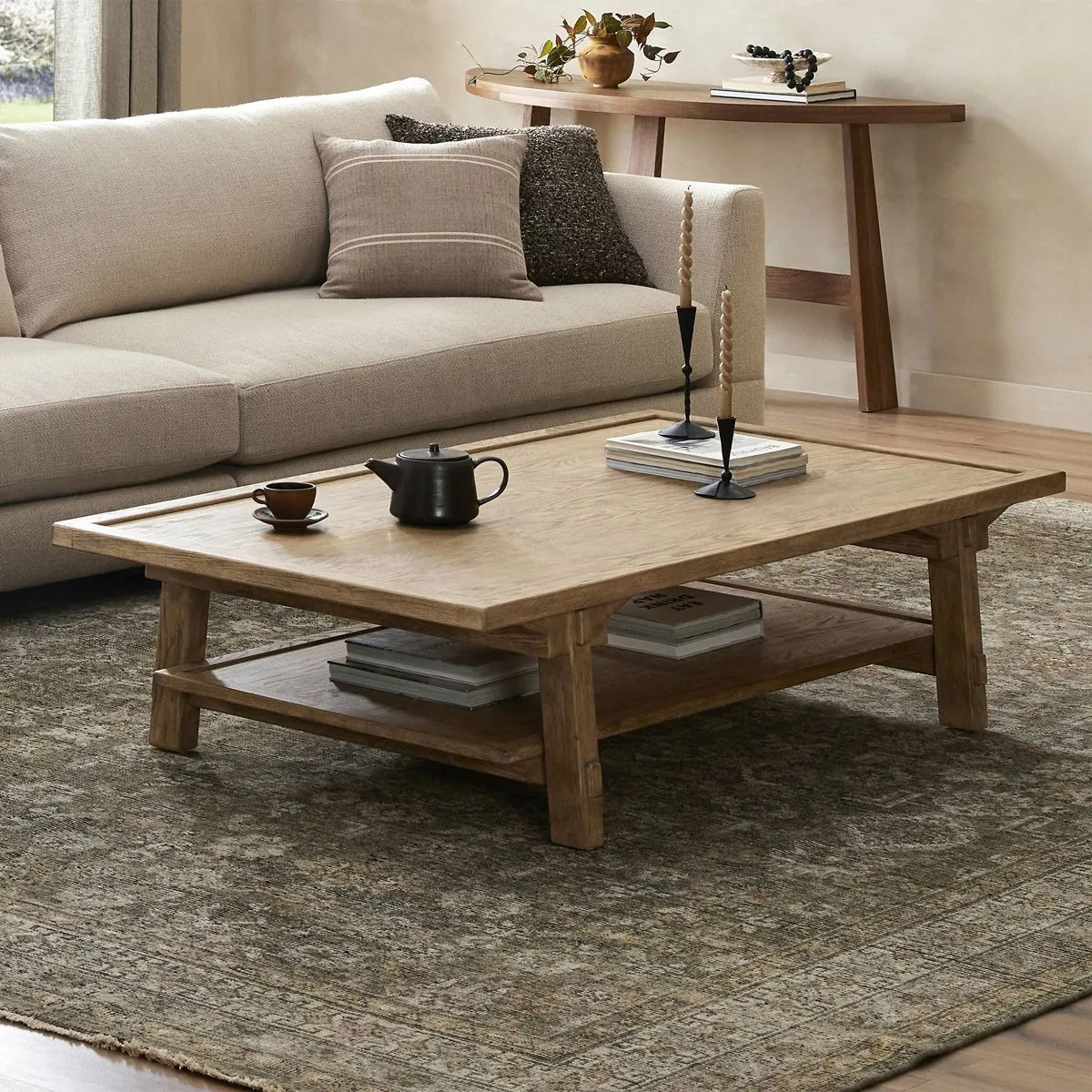 Trina Rectangular Coffee Table with Shelf - Light Oak