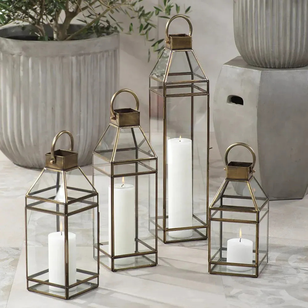 Trisha Large Lantern Candleholder - Clear, Brass