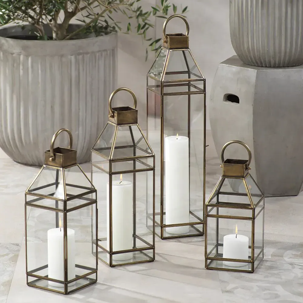 Trisha Medium Lantern Candleholder - Clear, Brass