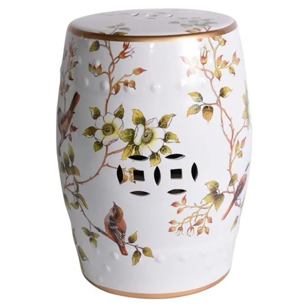 Tristan Garden Stool with Flower Birds - White, Porcelain