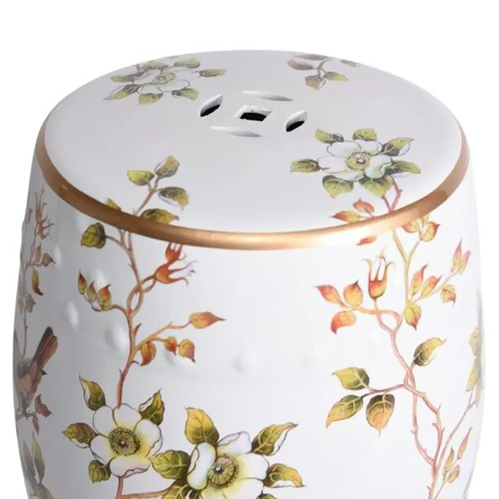 Tristan Garden Stool with Flower Birds - White, Porcelain