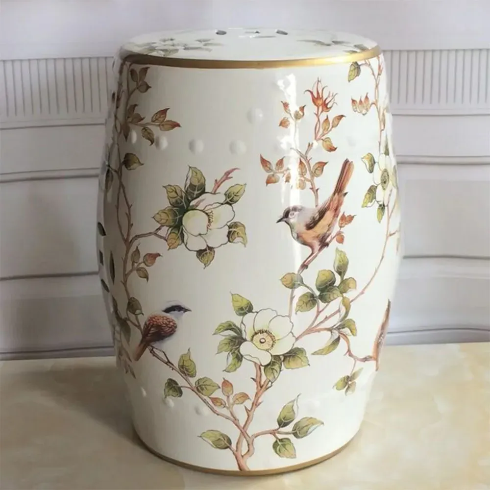 Tristan Garden Stool with Flower Birds - White, Porcelain