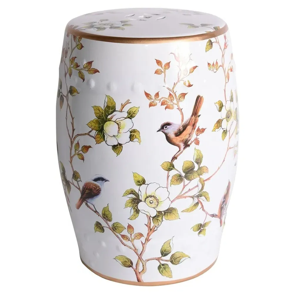 Tristan Garden Stool with Flower Birds - White, Porcelain image