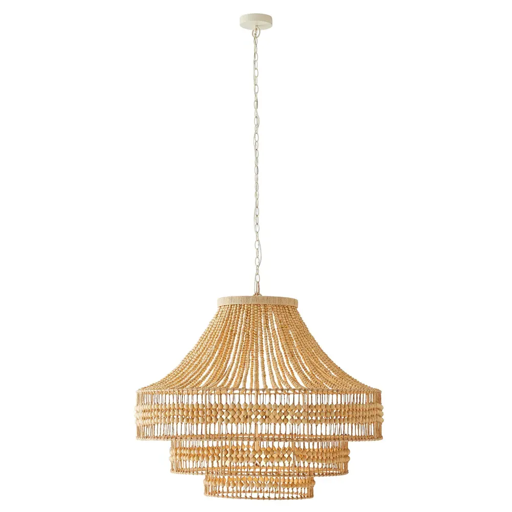 Tulane Hand-Cut Wooden Beads Chandelier - White, Natural Wood