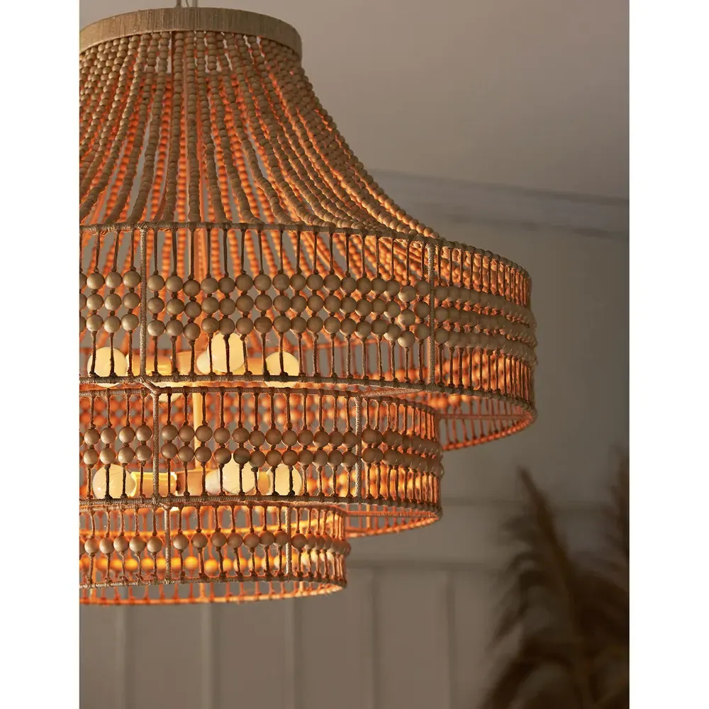 Tulane Hand-Cut Wooden Beads Chandelier - White, Natural Wood