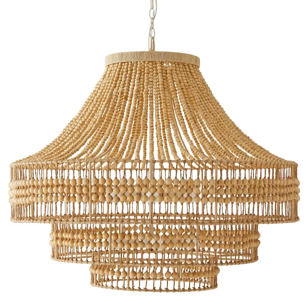Tulane Hand-Cut Wooden Beads Chandelier - White, Natural Wood