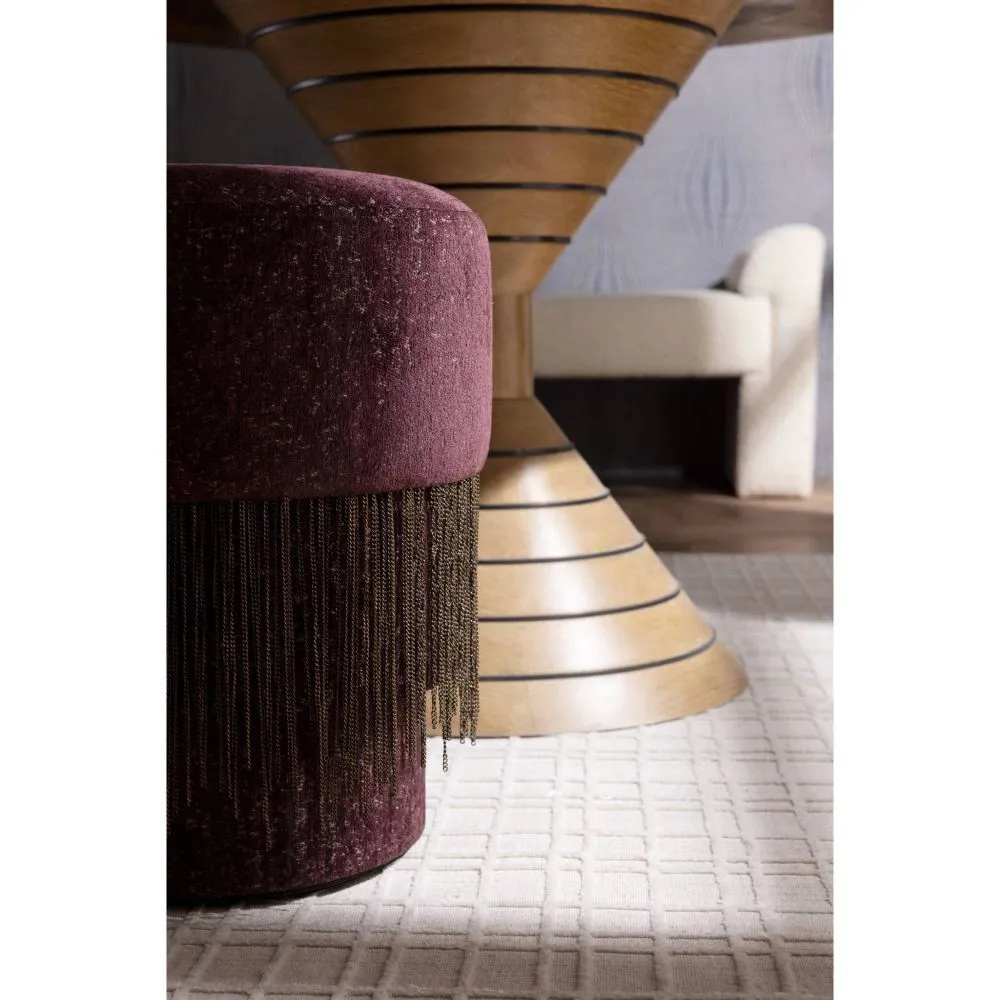 Twyla Round Ottoman with Brass Fringe - Bordeaux, Chenille
