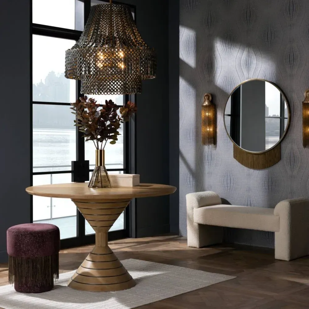 Twyla Round Ottoman with Brass Fringe - Bordeaux, Chenille