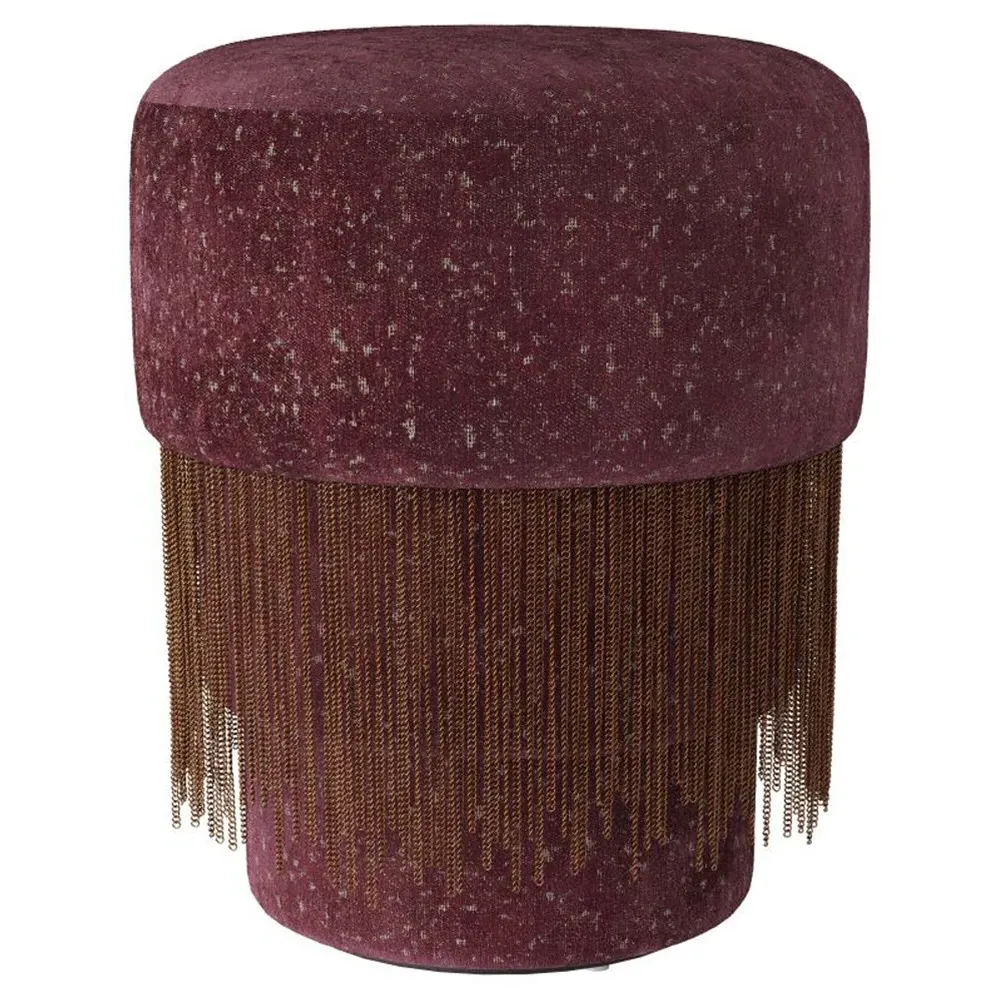 Twyla Round Ottoman with Brass Fringe - Bordeaux, Chenille image