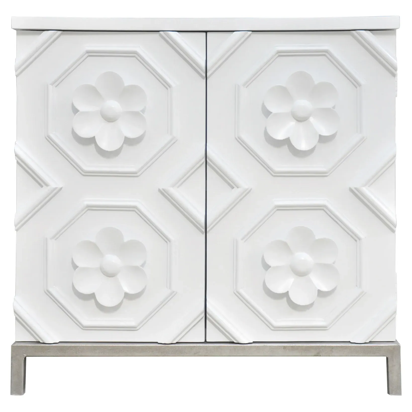Tyrol 2 Door Nightstand with Flower Detail - White, Hardwood image