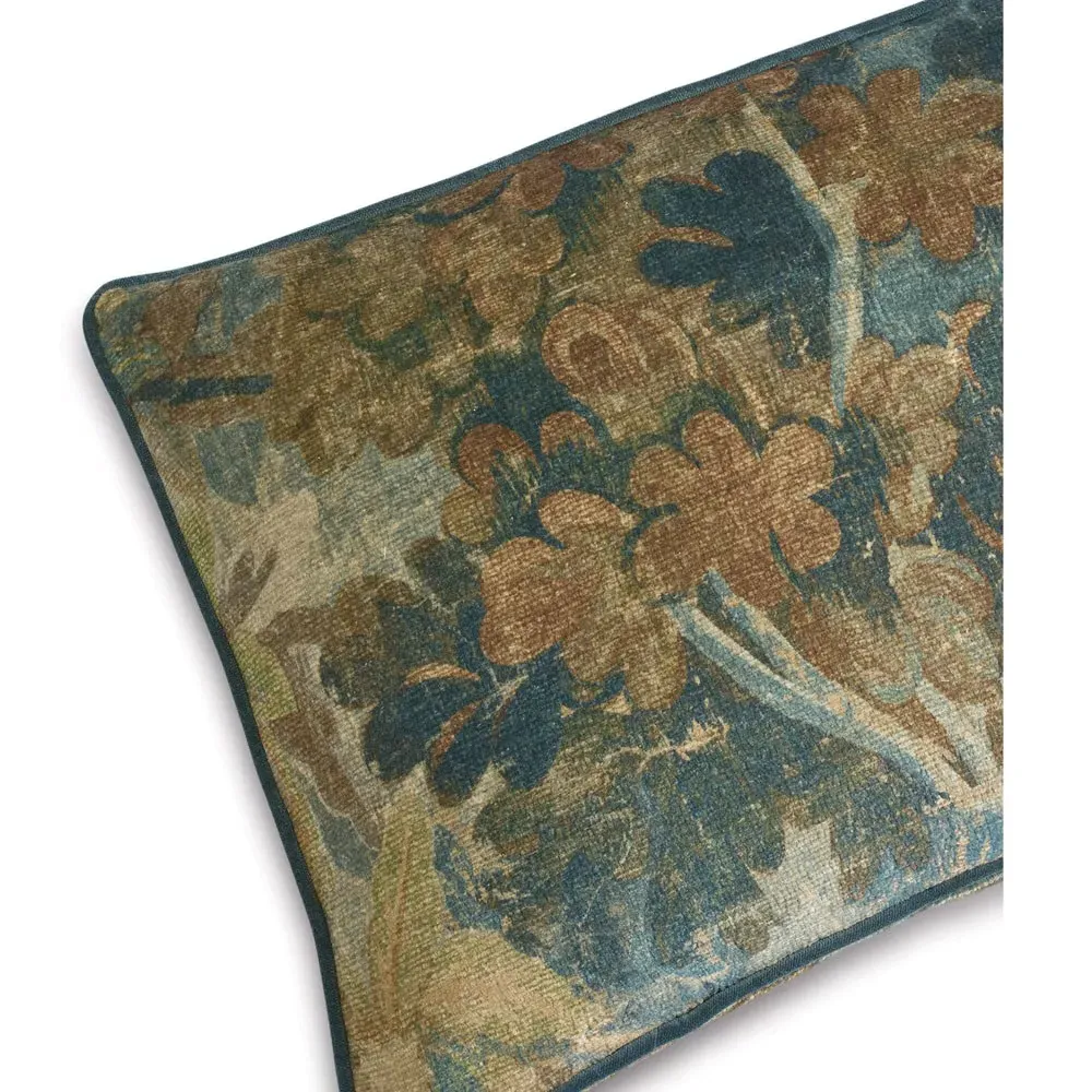 Valeria Pinecone Printed Velvet Lumbar Pillow - Blue