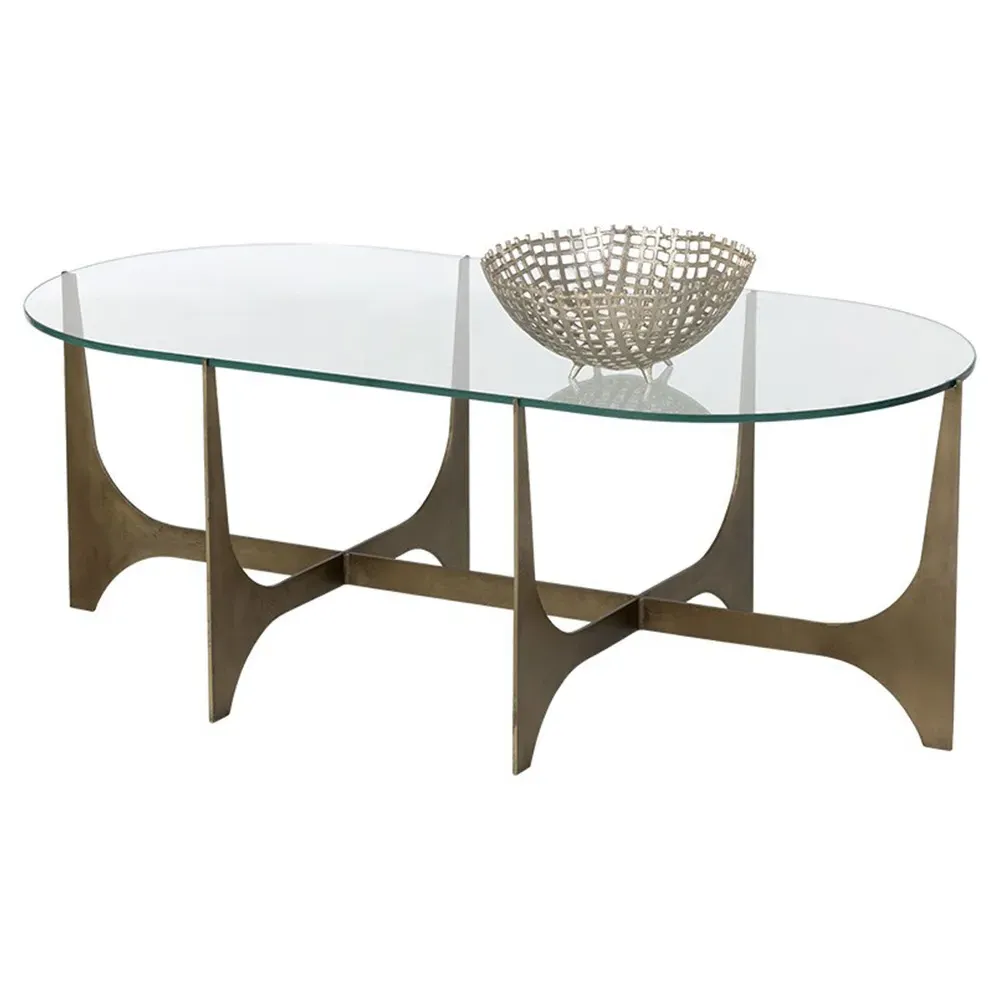 Walpole Oval Coffee Table - Clear Glass, Antique Brass