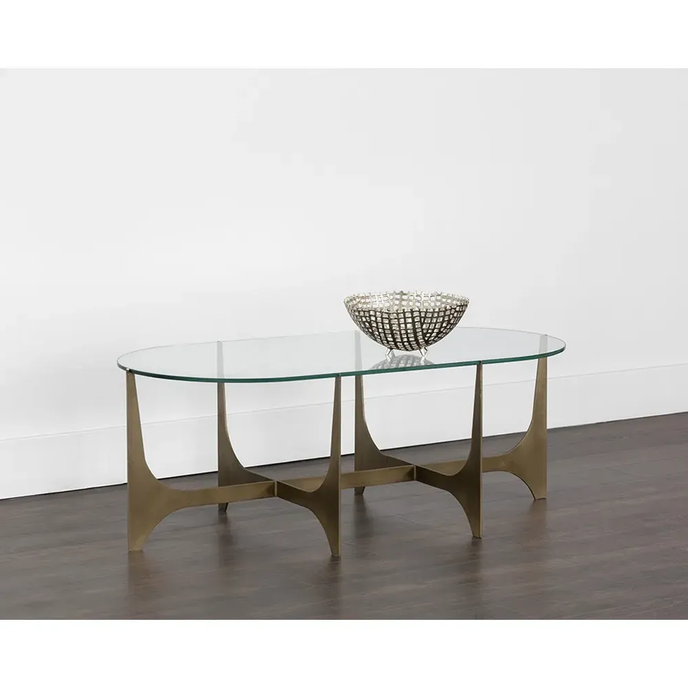 Walpole Oval Coffee Table - Clear Glass, Antique Brass