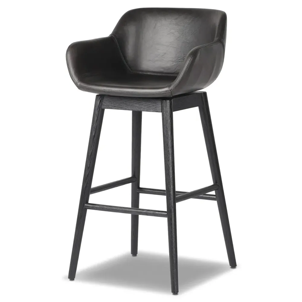 Warren Swivel Bar Stool - Black, Leather