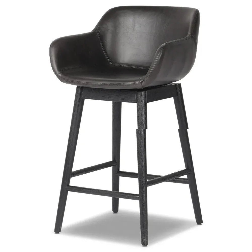 Warren Swivel Counter Stool - Black, Leather