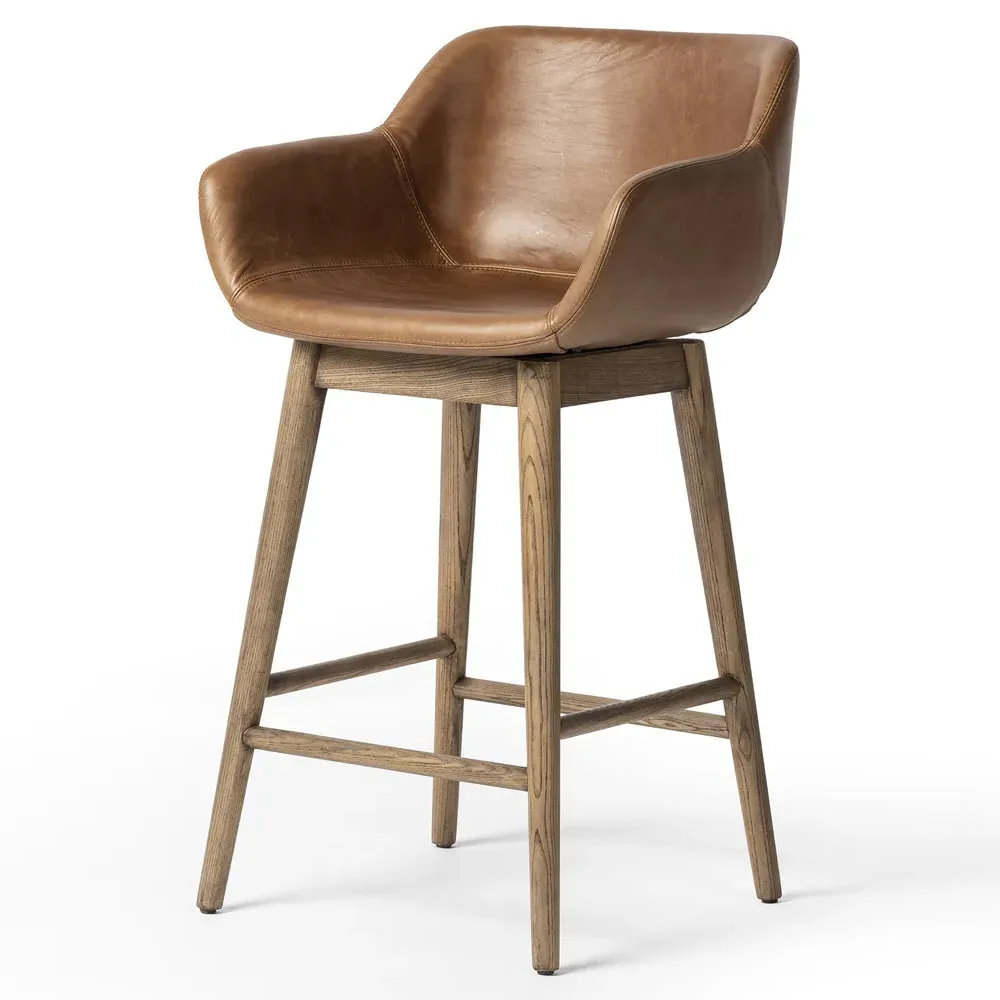 Warren Swivel Counter Stool - Brown, Leather
