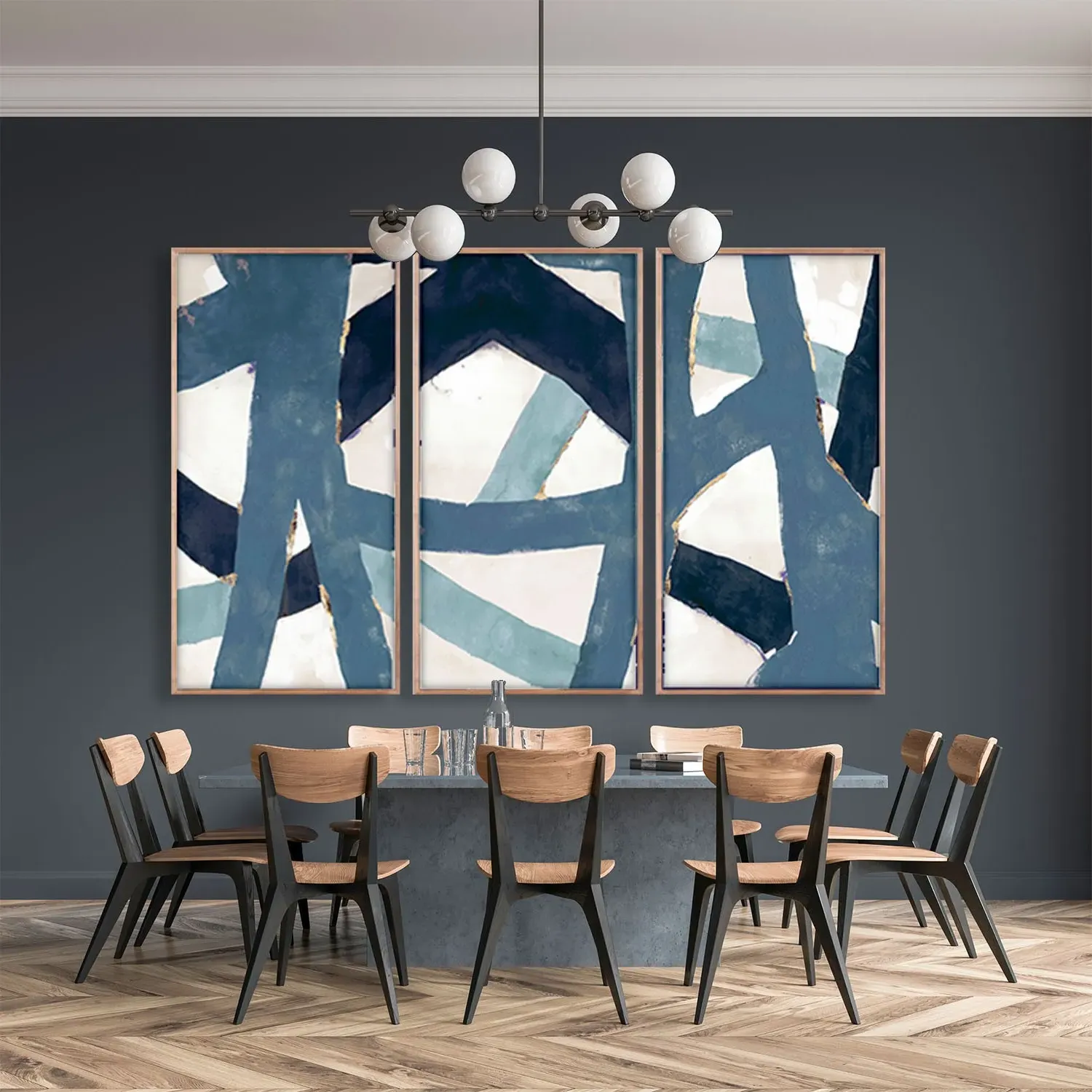 Weave Triptych Painting - Blue, Walnut