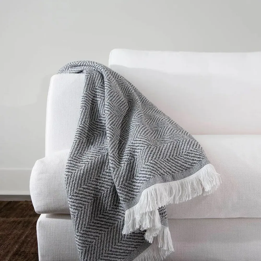 Wells Herringbone Throw Blanket - Dark Grey, Sunbrella Acrylic