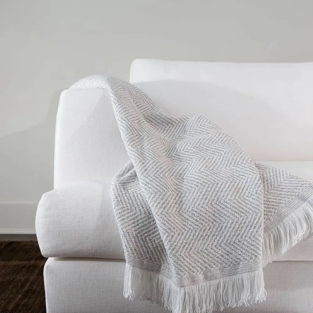 Wells Herringbone Throw Blanket - Light Grey, Sunbrella Acrylic