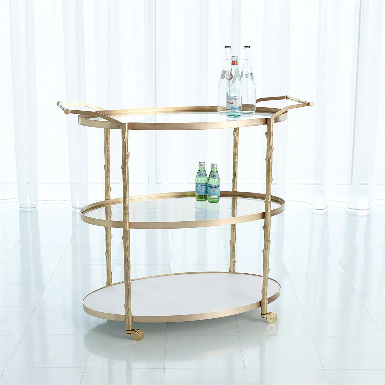 Wesley Twig Bar Cart - Antique Brass, Marble