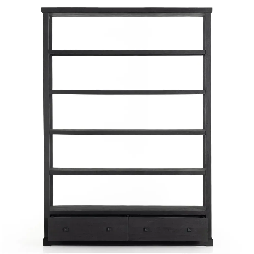 Winston Wide Bookcase with Drawers - Black, Reclaimed Wood