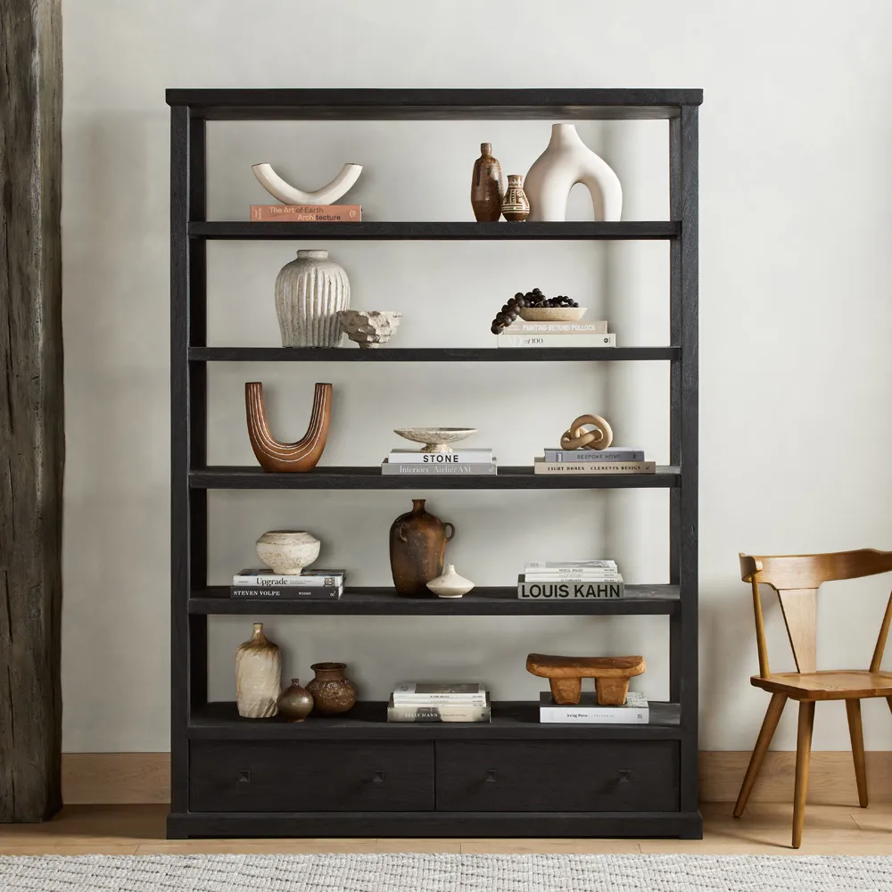 Winston Wide Bookcase with Drawers - Black, Reclaimed Wood