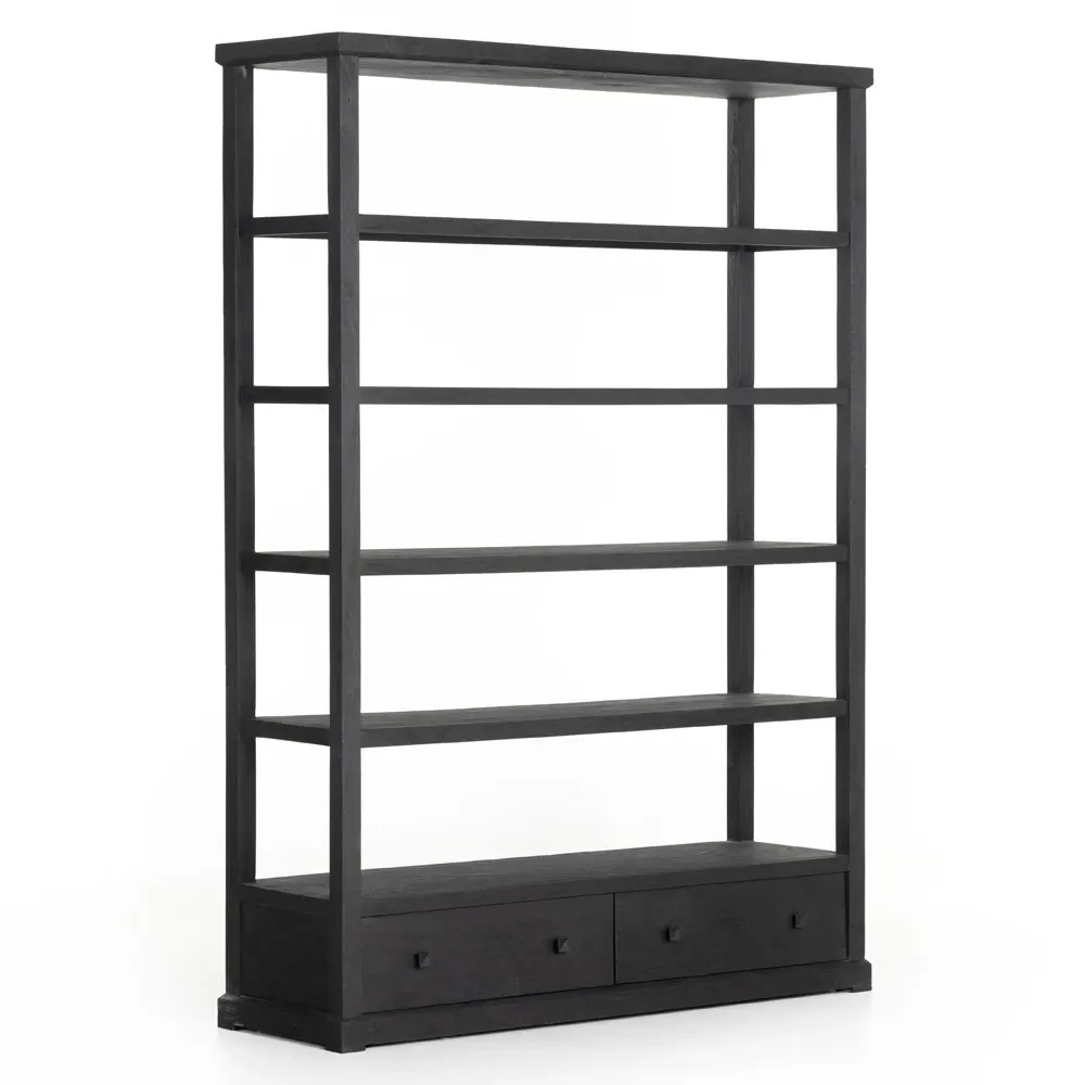 Winston Wide Bookcase with Drawers - Black, Reclaimed Wood