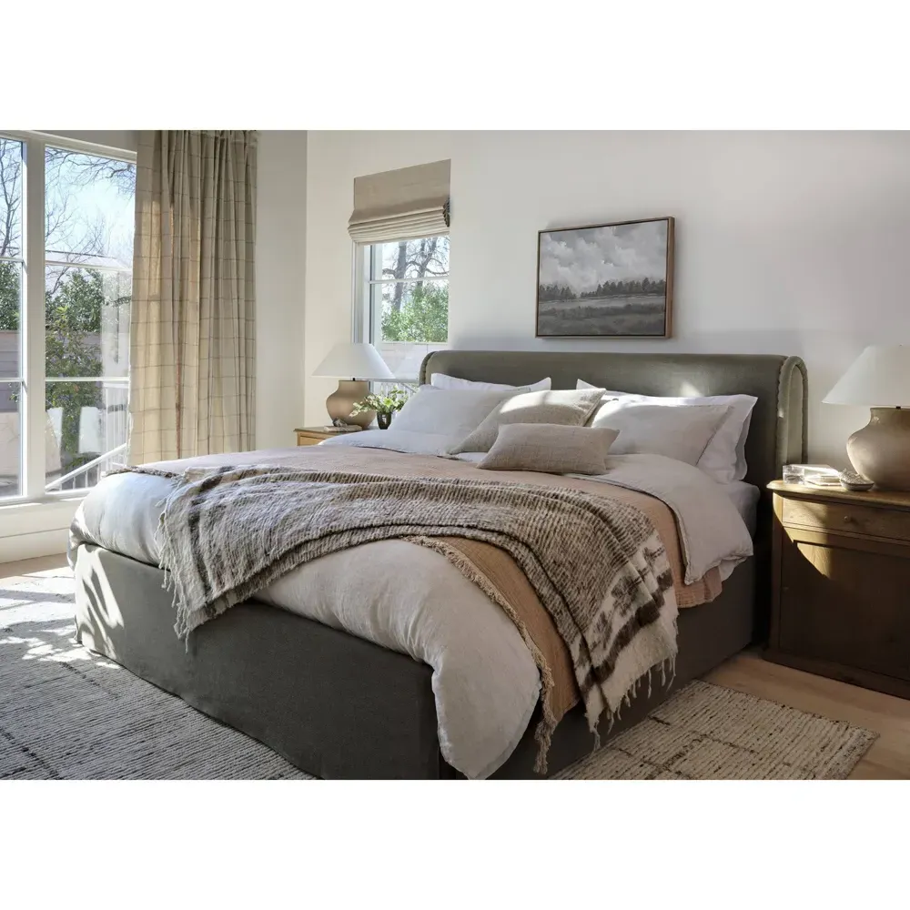 Wyndham Queen Size Bed - Broadway Olive, Linen