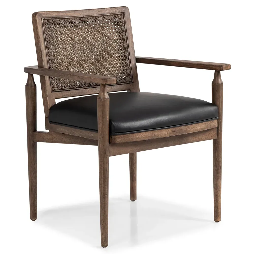 Xander Woven Cane Dining Arm Chair - Black, Leather