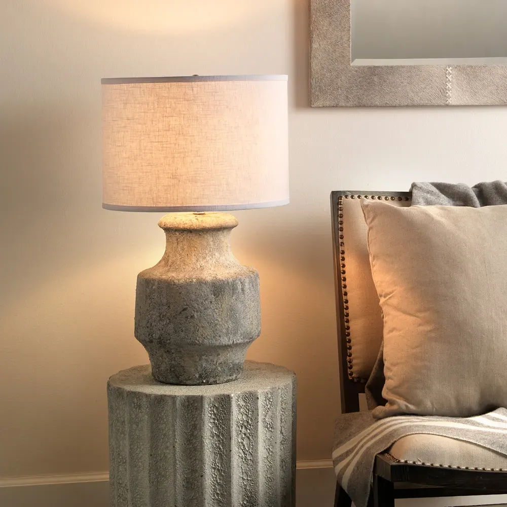 Xavi Table Lamp with Linen Shade - Grey, Ceramic