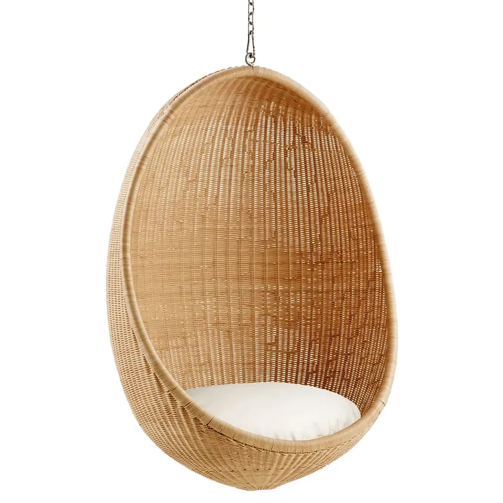 Yuri Hanging Egg Chair - White, Natural Rattan