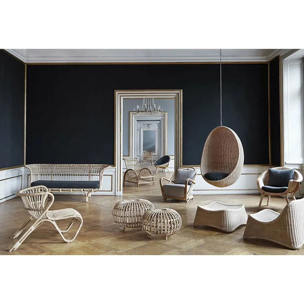 Yuri Hanging Egg Chair - White, Natural Rattan