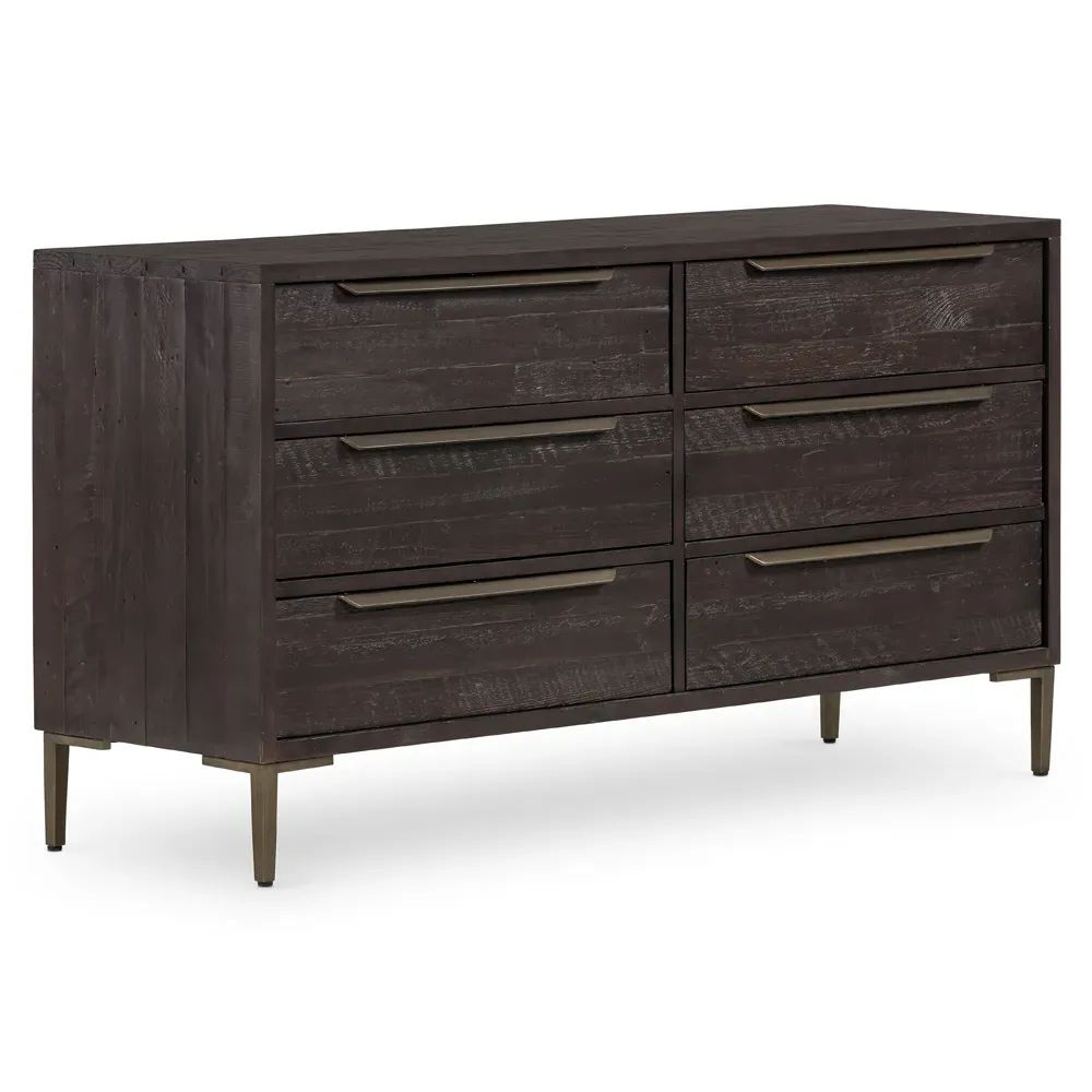 Yvette 6 Drawer Double Dresser - Dark Brown, Reclaimed Pine