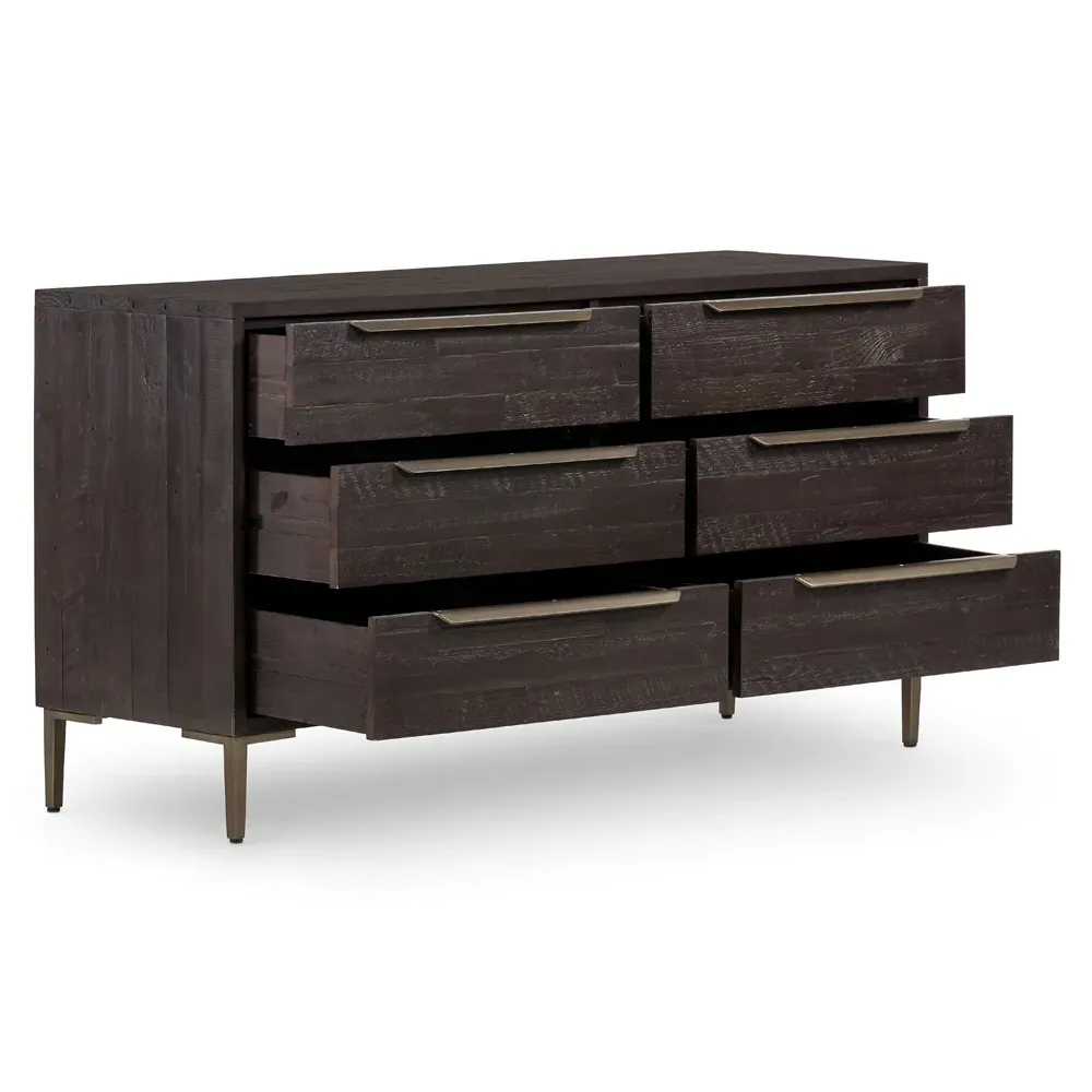 Yvette 6 Drawer Double Dresser - Dark Brown, Reclaimed Pine