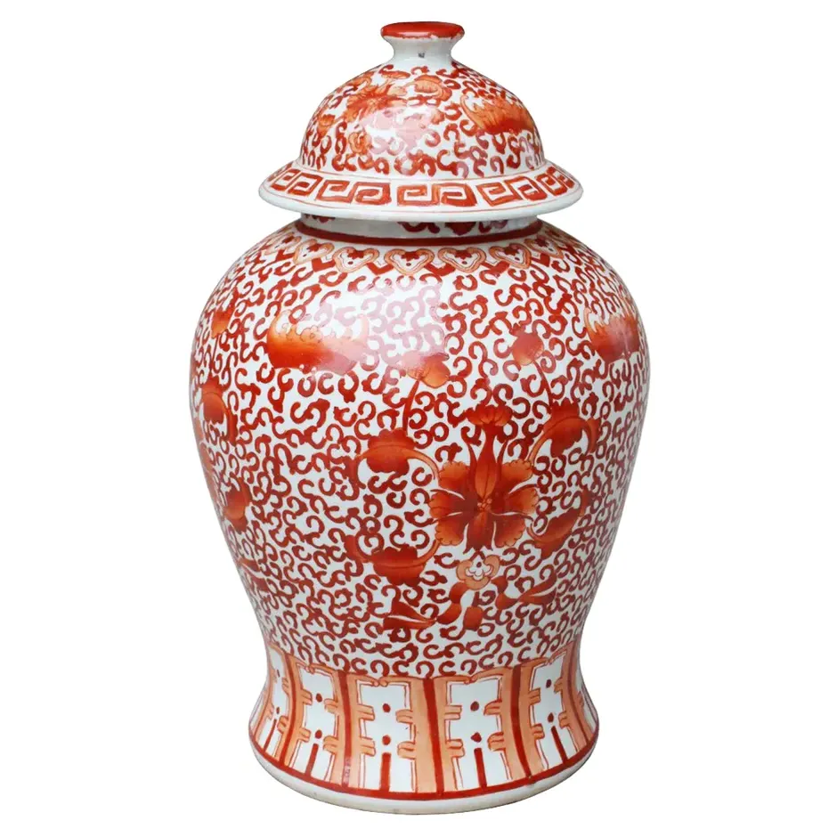 Zana Twisted Lotus Temple Jar - Coral Red, Porcelain