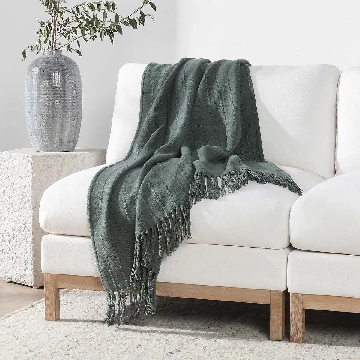 Zarina Striped Throw Blanket - Dark Green, Cotton